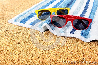 Sunglasses beach sunbathing copy space Stock Photo