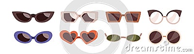 Sunglasses designs set. Summer sun glasses, fashion eyewear frames, rims. Women beach accessories in modern retro style Vector Illustration
