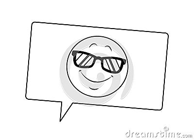 Sunglasses emoticon in bubble in black and white Vector Illustration