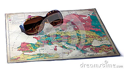 Sunglasses on Europe Map, Isolated Stock Photo