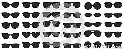 Sunglasses icons. Black sunglass, mens glasses silhouette and retro eyewear icon vector set Vector Illustration