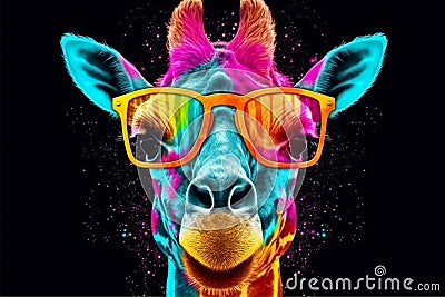 sunglasses mammal colorful giraffe portrait animal zoo africa wildlife neck. Generative AI. Stock Photo