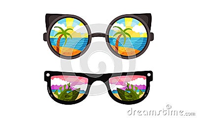 Sunglasses with Ocean or Sea Shore with Palm Tree Reflection Vector Set Vector Illustration