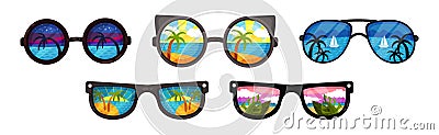 Sunglasses with Ocean or Sea Shore with Palm Tree Reflection Vector Set Vector Illustration