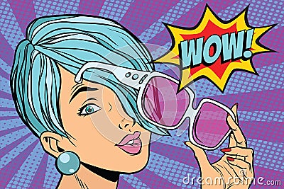 Sunglasses pop art woman wow reaction Vector Illustration