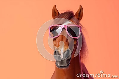 sunglasses portrait goggles background mane fun smile colourful horse animal funny. Generative AI. Stock Photo