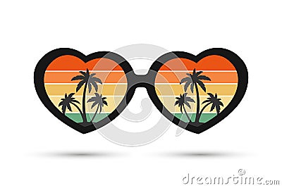 Sunglasses with reflection Seascape with palm trees. Summer illustration, icon Vector Illustration