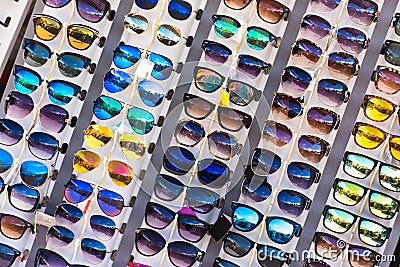 Sunglasses Stand on Local Market Stock Photo