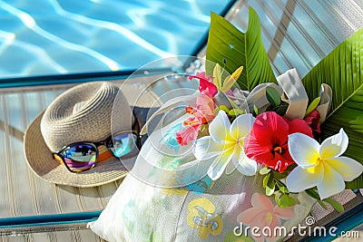 sunhat, sunglasses, and a bag of tropical blooms on a beach chair Stock Photo