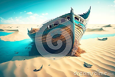 sunken old wooden boat on sandy seabed Stock Photo