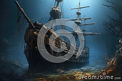 Sunken pirate ship in the deep blue sea. 3d rendering, Sunken tall ship, AI Generated Stock Photo