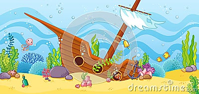 Sunken ship at the bottom of the sea. Cartoon Illustration