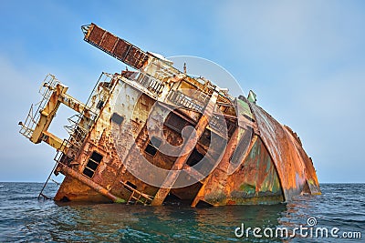 sunken ship, grounded transport ship, rusty skeleton of ship Stock Photo