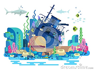 Sunken ship under water Vector Illustration