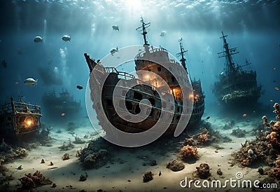 Sunken ships under water. Generative AI Stock Photo
