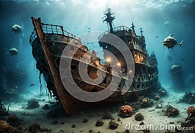 Sunken ships under water. Generative AI Stock Photo