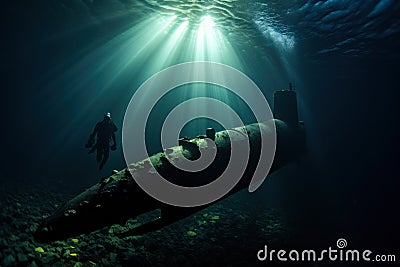 sunken submarine at the bottom of the ocean generative ai Stock Photo