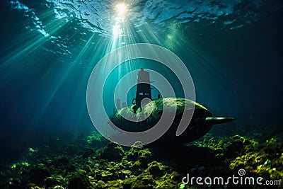 sunken submarine at the bottom of the ocean generative ai Stock Photo