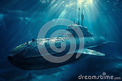 Sunken submarine in an underwater cave with light rays. Stock Photo