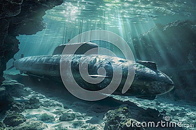 Sunken submarine in underwater cave scenery. Stock Photo