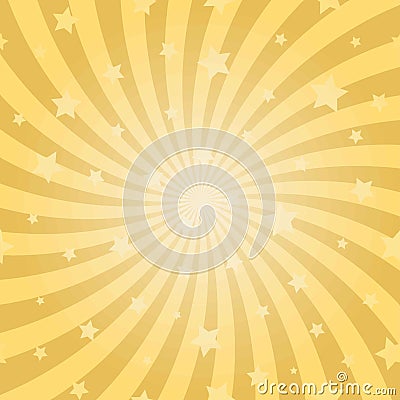 Sunlight abstract spiral background. Gold yellow color burst background with stars. Cartoon Illustration