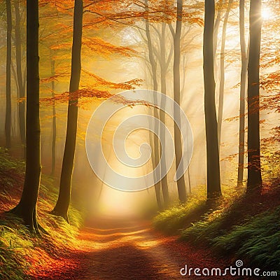 Sunlight bathing the forest in a captivating creating a magical ambiance of radiant beautiful art Cartoon Illustration