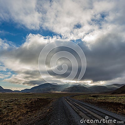 Sunlight breaks through the clouds in the distance, Iceland Stock Photo