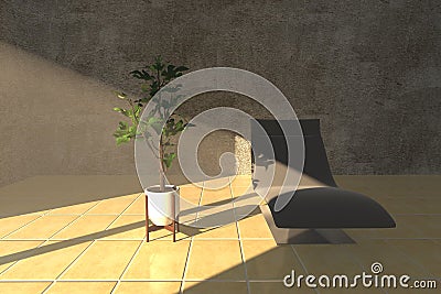 Sunlight casts on a plant vase and comfortable chair in a room Stock Photo