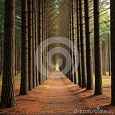 Sunlight filters through a dense pine forest, casting a warm glow on the symmetrical tree-lined path Stock Photo