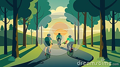 Sunlight filters through the trees as a group of cyclists make their way down a quiet treelined avenue.. Vector Vector Illustration