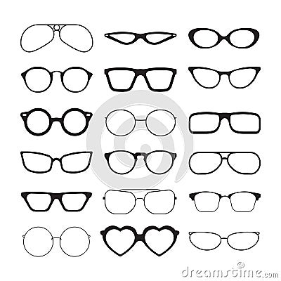 Sunlight glasses. Fashioned glasses black plastic frames retro models sun protection cool eye vision vector silhouettes Vector Illustration