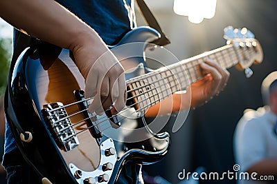 Sunlight illuminates bass players hands creating melodious tunes on glossy instrument Stock Photo