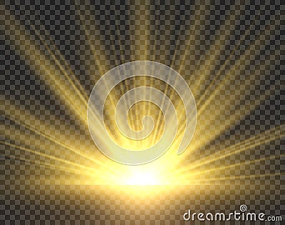 Sunlight isolated. Golden sun rays radiance. Yellow bright spotlight transparent sunshine starburst vector illustration Vector Illustration