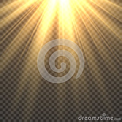 Sunlight isolated. Sun light effect golden sun rays radiance. Yellow bright beams fiery sunset sunshine illustration Vector Illustration