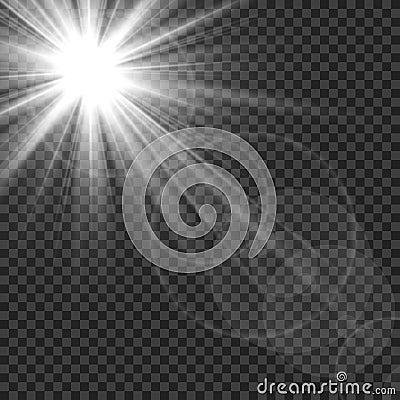 Sunlight isolated. Sun rays light lens flare glare. White transparent sunshine starburst vector illustration Vector Illustration