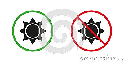 Sunlight Red and Green Warning Signs. Summer Sun Light Silhouette Icons Set. Sunshine Zone Allowed and Prohibited Vector Illustration