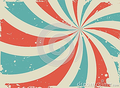 Sunlight retro spiral grunge background. Blue, red and beige color burst wallpaper Vector Illustration