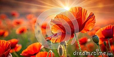 Sunlight shines through the red petals of the poppy Abstract red background To add text Abstract background photo Close up Gener Stock Photo