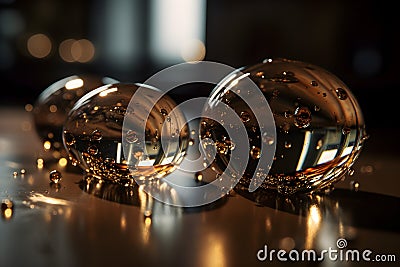 sunlight shining on glass balls with water drops on a table with a dark background Stock Photo