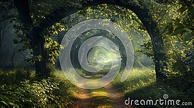 Sunlight streams through an arched tunnel of trees along a forest path, creating a magical and enchanting scene Stock Photo