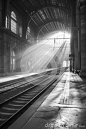 Sunlight streams through an arched window, illuminating a grand, empty train station, casting dramatic shadows and highlighting Stock Photo