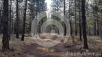 Sunlight Streams Through Tall Pine Trees Illuminating a Forest Path, Creating a Serene and Peaceful Atmosphere. Exp Stock Photo