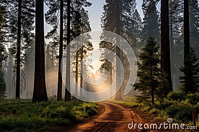 Light filtering through tall trees on a misty forest path at dawn. Generative AI Stock Photo
