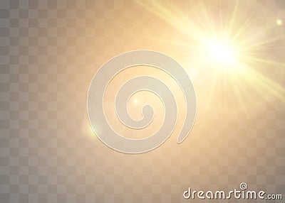 Sunlight on a transparent background. Glow light effects. Star flashed sequins. Sun glare on transparent background. Vector Illustration