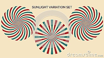 Sunlight variation set. Abstract sunlight red yellow blue and green colors background. Carnival circus style for circling Vector Illustration