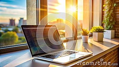 SunlightDrenched Coding Session A Modern Programmers Home Office Setup for Maximum Productivity From Windowsill to Stock Photo