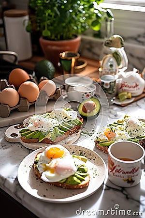 Sunlit breakfast with egg on avocado toast, nestled in greenery, AI Generated. Stock Photo