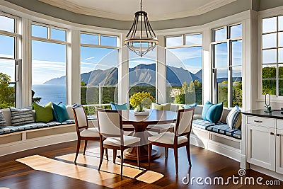 A sunlit breakfast nook with a round table and garden views Stock Photo