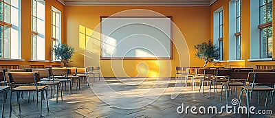 Sunlit Classroom with Empty Smartboard Ready for Learning. Concept Classroom Setup, Empty Stock Photo