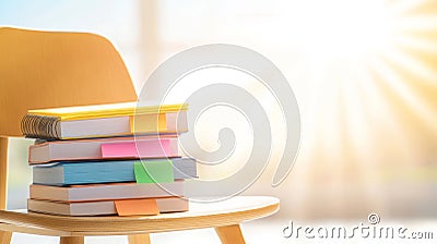 In a sunlit classroom, neatly stacked books with colorful sticky notes create a tranquil learning environment Stock Photo